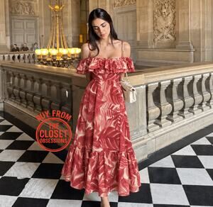 Zara NWT Red Floral Ruffle Cotton Maxi Dress S